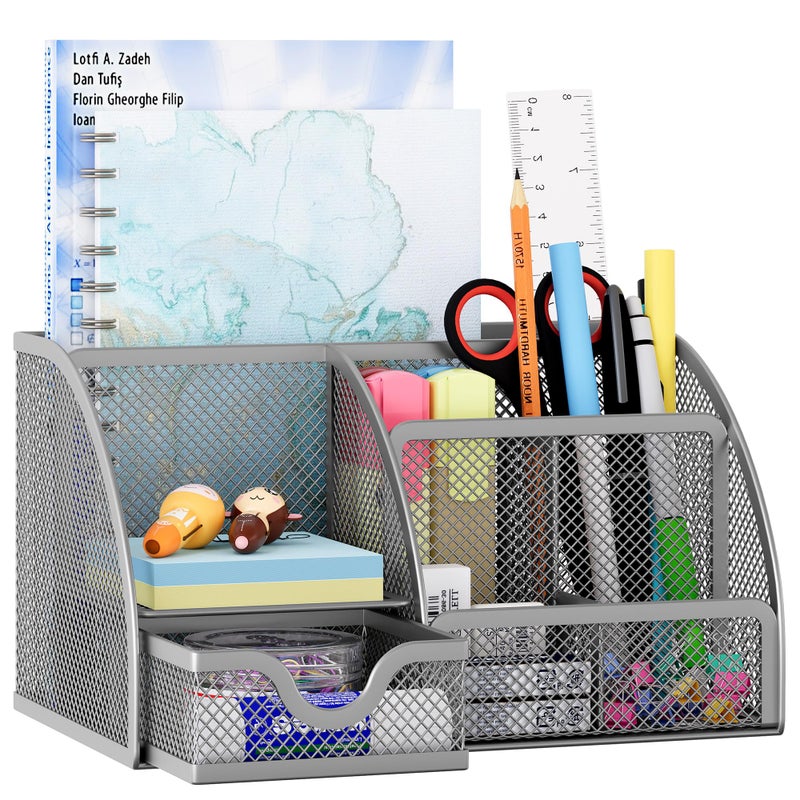 EasyPAG Mesh Desk Organizer with Drawer Multi-functional Pen Holder Stationery Organizer for Office School Supplies 6 Compartments Dorm Organizers and Storage for Desk, Silver - Image 1